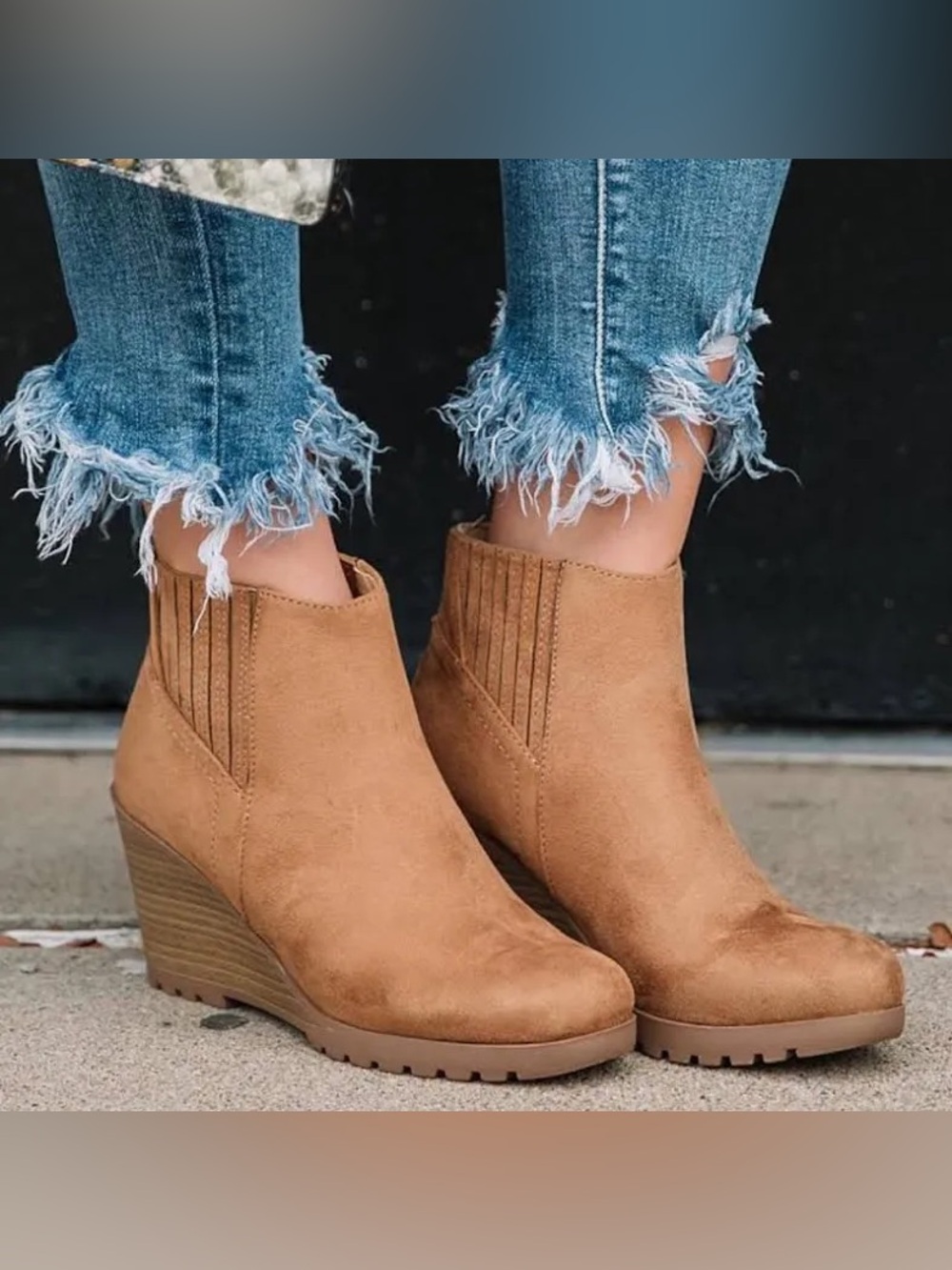 Soda Tan Suede-Look Wedge Ankle Boots